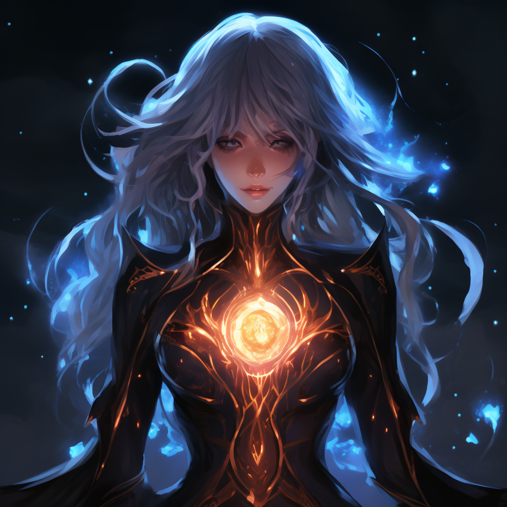 Anime, Galactic Sorceress, glowing sclera, hypnotic eyes, ultra detailed, fullbody.